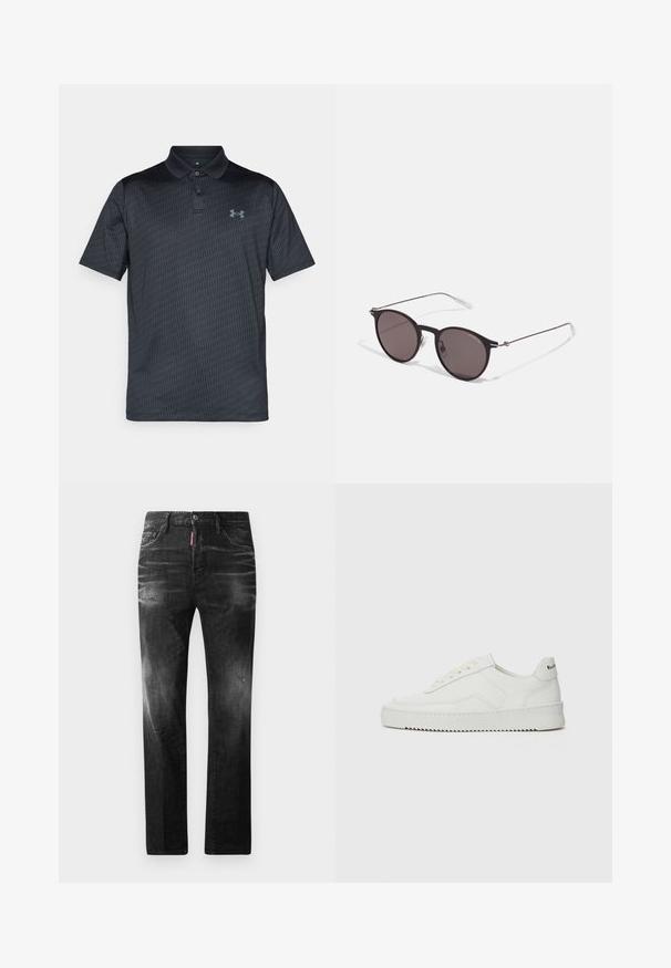 Dunkelgraues Poloshirt aus glattem Stoff, mit einem subtilen geometrischen Muster, einem Kragen und einem blauen Logo auf der linken Brust.; Schwarze Jeans aus Denim mit geradem Schnitt. Verfügt über ausgebleichte Bereiche, leichte Abnutzung, klassisches Fünf-Taschen-Design und einen Knopfverschluss.; Weiße Ledersneaker mit glatter Oberfläche, runder Zehenpartie, flachen Schnürsenkeln und strukturiertem Sohlenprofil. Mit einem dezenten Logo an der Ferse.; Schwarze runde Sonnenbrille mit dunklen Gläsern und schlanken Metallbügeln. Enthält klare Tempelspitzen und silberne Akzente am Scharnier. Minimalistisches Design.