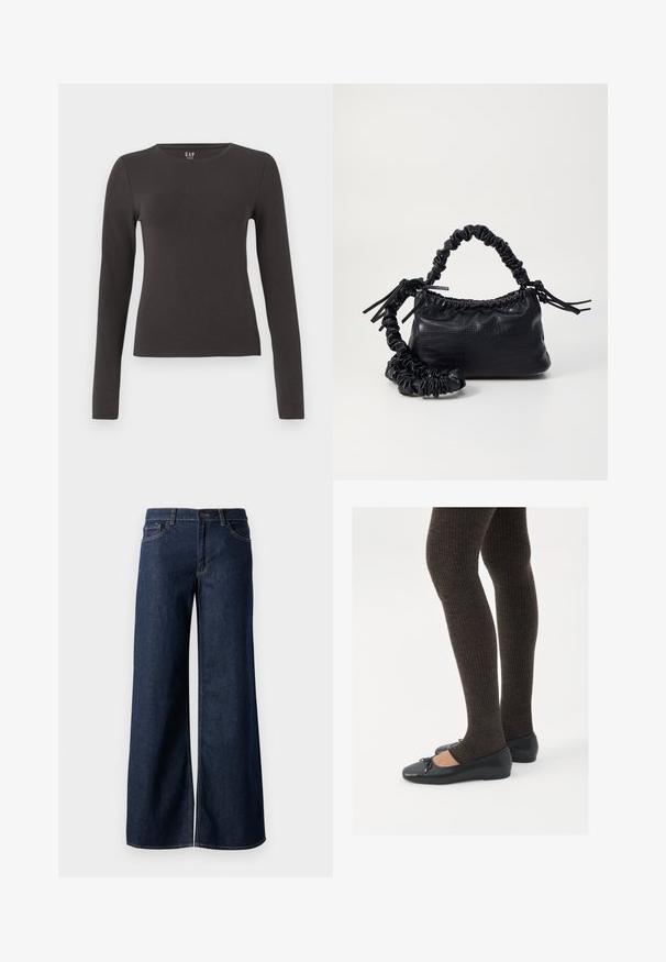 Pikisuht ga-öös gray puuvillane topp, millel on klassikaline kaelus, sobiv disain ja sile tekstuur. Ilma mustrite või märgatavate aktsentideta.; Laiad teksad tumesinises denimis. Omab kontrastõmblusi, viit taskut ja nupukinnitust vööl. Sile tekstuur.; Mustad mustad kingad väikese teksaga varvaste juures, koos tumedate pruunide ribakangastega. Kingadel on sile tekstuur ja madal profiil.; Must must sünteetilisest nahast käekott, millel on krokodillimuster, kokku tõmmatav ülaosa ja kortsus rihm. Tundub pehme ja kompaktne disain.