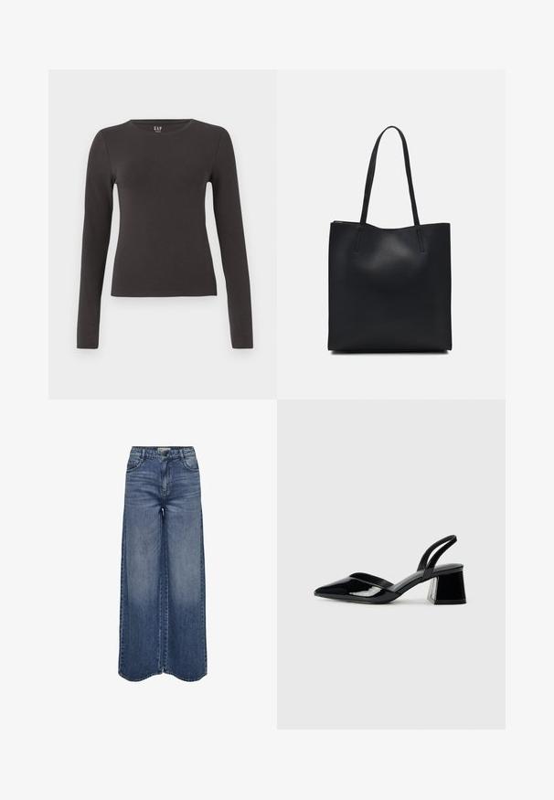 Ilgų rankovių marškiniai, pagaminti iš tamsiai pilkos medvilnės, su apvalia iškirpte, prigludusia forma ir lygiu paviršiumi. Be raštų ar akivaizdžių akcentų.; Plačios šlaunies mėlynos džinsinės kelnės su aukštu liemeniu, klasikiniu penkių kišenių dizainu ir išblukusia plovimo spalva, užtikrinančia laisvą prigludimą.; Juodos lakuotos odinės šlepetės su smailiu pirštu ir geometriniu bloko kulnu. Turi elegantišką, minimalistinį dizainą ir lygų paviršių.; Juodas odinis tote krepšys su lygia tekstūra, stačiakampio formos ir dviem ilgais rankenomis. Matomų metalinių detalių ar puošybos nėra.