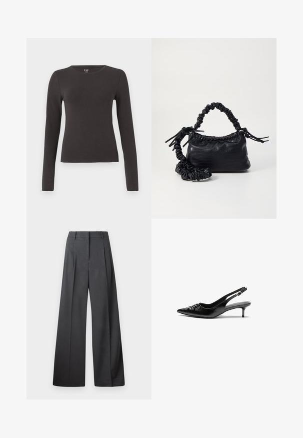 Dlouhý rukáv top vyrobený z tmavě šedé bavlny s kulatým výstřihem, přiléhavým střihem a hladkou texturou. Bez vzorů nebo výrazných akcentů.; Široké kalhoty z tmavě šedé látky, s vysokým pasem, jedním skladem a hladkou texturou s čistým zakončením na lemech.; Černé kožené lodičky na slingback s špičatou špičkou, malým podpatkem typu kitten a ozdobným uzlem na přední straně. Hladký povrch po celém obvodu.; Černá kabelka z umělé kůže s krokodýlím vzorem, staženým vrškem a zmačkaným popruhem. Zdá se, že má měkký a kompaktní design.