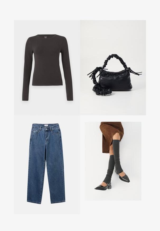 Pikisuht ga-öös gray puuvillane topp, millel on klassikaline kaelus, sobiv disain ja sile tekstuur. Ilma mustrite või märgatavate aktsentideta.; Klassikalised sinised denimists teksad otsejalaga disainiga, viie taskuga ja nööbisuletusega. Omab keskmist pesu ja tugevat tekstuuri.; Mustad patsaline odav värviga kingad, millel on kreen ja pahkluuring, on paaritatud hallide ribakudumitega sääremiidega ja pruunist nahast seelikuga.; Must must sünteetilisest nahast käekott, millel on krokodillimuster, kokku tõmmatav ülaosa ja kortsus rihm. Tundub pehme ja kompaktne disain.