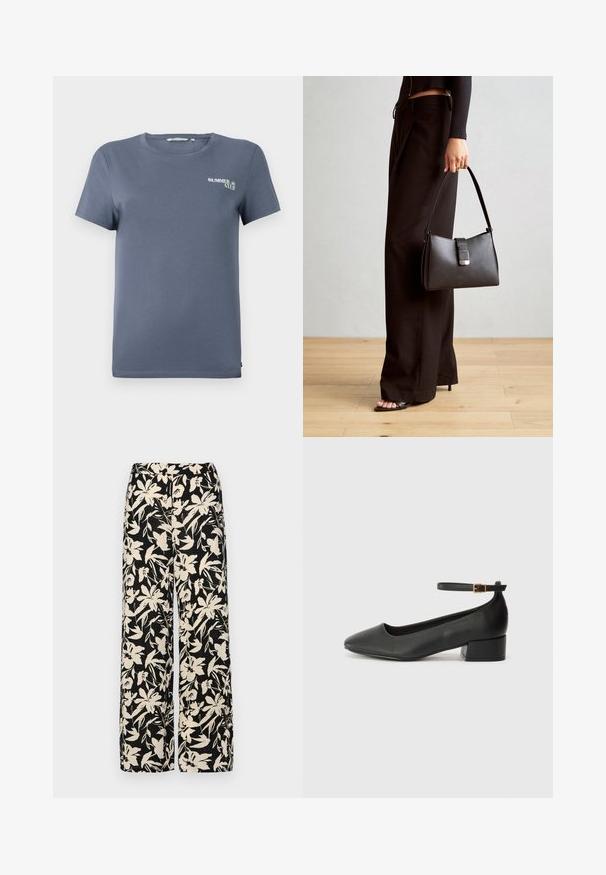 Modré bavlněné tričko s krátkými rukávy, kulatým výstřihem a malou grafikou "SUMMER CLUB" na levé straně. Hladká textura, klasický střih.; Černé kalhoty s širokými nohavicemi a krémovým květinovým vzorem. Vyrobené z lehké tkaniny, s hladkým povrchem a vysokým pasem.; Černé kožené lodičky s špičatou špičkou a nízkým blokovým podpatkem. Obsahují pásek kolem kotníku se zlatou sponou. Hladký povrch.; Černá kabelka se strukturovaným tvarem, hladkým povrchem a kovovým uzávěrem. Kombinována s širokými černými kalhotami a sandály s otevřenou špičkou na dřevěné podlaze.