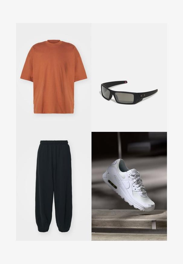 Pruun ülepaisutatud t-särk, millel on ümmargune kaelus, lühikesed varrukad ja sile tekstuur. Omab sirget ääret ja peeneid õmblusdetails.; Mustade elastse vöökoha ja laia lõikega dressipüksid, mansetiga sääred, sile tekstuur ning ilma nähtavate mustrite või detailideta.; Valged Nike Air Max 90 sneakers, millel on võrkkangast ja nahast ülemine osa, aukudega varbadosa ning nähtav õhuüksus kandades.; Mustad mustaga viimistlusega prillid, ristkülikukujulised läätsed, templite kerge kõverus, diskreetne logo detail ja suitsutatud läätsed.