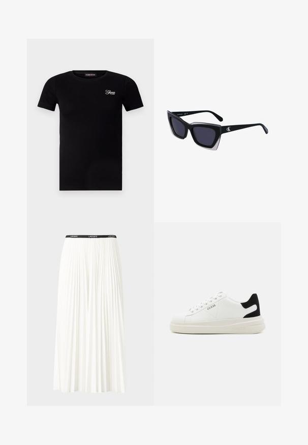 T-shirt de algodão preta com mangas curtas, gola redonda, textura canelada e pequeno logótipo branco "Guess Jeans" no lado esquerdo do peito.; Saia plissada branca com uma cintura elástica preta que apresenta o logótipo "LACOSTE". Design de comprimento médio com textura suave.; Sapatilhas brancas de couro com uma sola branca espessa, detalhe em camurça preta no calcanhar e logótipo em relevo na lateral. Design com atacadores e seis ilhós.; Óculos de sol oversized pretos com forma geométrica, apresentando lentes escuras e um detalhe cinza em contraste na armação. Logotipo na haste.