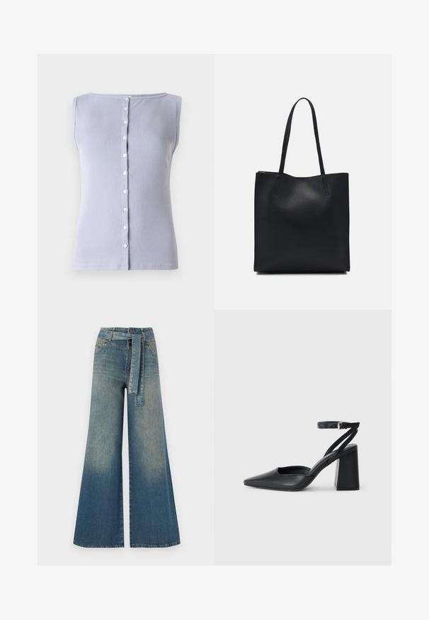 Hellpurpurfarbener, gerippter, ärmelloser Oberteil mit rundem Ausschnitt und Knopfleiste, die mit sieben kleinen weißen Knöpfen versehen ist.; Weit geschnittene Denim-Hosen mit einem Farbverlauf von hellblau zu dunkelblau, hoher Taille, Gürtelschlaufen und einem passenden Stoffgürtel. Strukturierte Denim-Oberfläche.; Schwarze Leder-Pumps mit spitzer Zehe, einem Knöchelriemen und einem blockigen Absatz. Flache Textur, elegantes Design und minimalistische Ästhetik.; Schwarze Laptoptasche aus Leder mit glatter Textur, rechteckiger Form und zwei langen Griffen. Keine sichtbaren Beschläge oder Verzierungen.