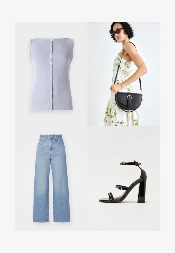 Light purple ribbed sleeveless top with a round neckline and a button-down front featuring seven small white buttons.; Light blue high-waist wide-leg jeans with front button and zip closure, front and back pockets, on a white background.; Black patent heeled sandals with a square toe, ankle straps, and silver buckles. Features a chunky block heel for stability.; Black leather handbag with a curved shape, detachable strap, and gold hardware. The bag features a flap with a buckle detail.