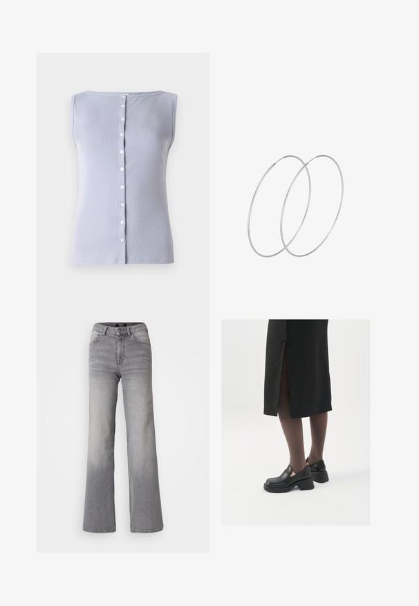 Hellpurpurfarbener, gerippter, ärmelloser Oberteil mit rundem Ausschnitt und Knopfleiste, die mit sieben kleinen weißen Knöpfen versehen ist.; Hochtaillierte graue Denim-Jeans mit geradem Bein, Frontknopf und Reißverschluss, Vorder- und Gesäßtaschen sowie ausgewaschenen Schattierungen an Oberschenkeln und Waden.; Schwarze Lederschuhe mit abgerundetem Zeh, dicker Blockabsatz und elastischen seitlichen Akzenten, kombiniert mit dunklen Strumpfhosen und einem schwarzen Rock mit Schlitz.; Silberne Creolen mit minimalistischem Design. Rundform, glatte Oberfläche und dünnes Profil. Leichtgewichtig mit hochglänzender Oberfläche.