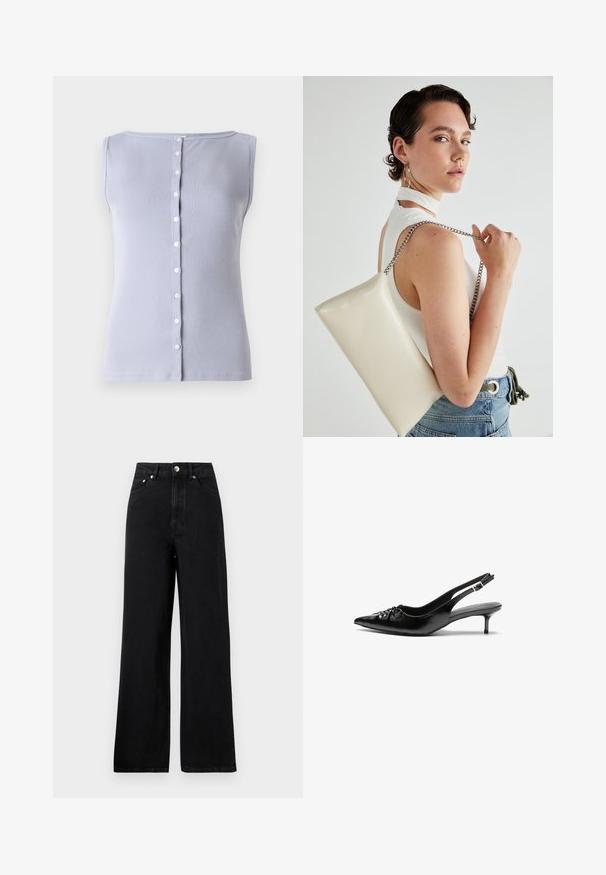 Top fără mâneci de culoare lila deschis, cu un guler rotund și un închidere cu butoane, având șapte butoane mici albe.; Jeans negre din denim cu talie înaltă, cu un design cu picioare largi, având cinci buzunare și accente din metal argintiu. Textură netedă în general.; Cizme slingback din piele neagră, cu vârf ascuțit, toc mic de tip kitten heel și un detaliu decorativ sub formă de nod în față. Textură netedă pe întreaga suprafață.; Geantă de clutch rectangulară albă, realizată dintr-un material lucios, având o curea de lanț argintie. Modelul pozează, evidențiind geanta pe un fundal simplu.