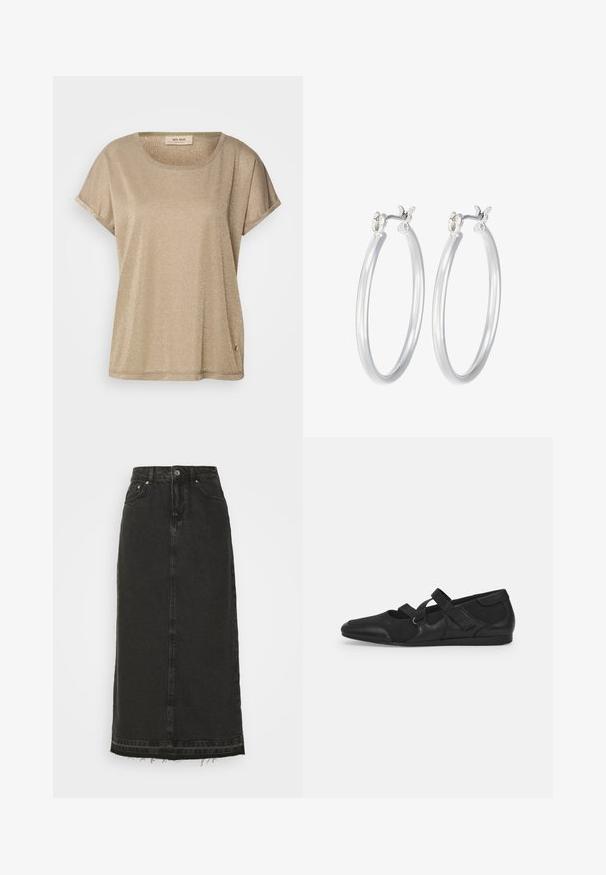 Mos Mosh TEE - Triko s potiskem - mermaid; Černá denimová midi sukně s přiléhavým pasem, předním zapínáním na knoflíky a třepeným lemem. Vybavena klasickým pětiokýnkovým designem a jemnou texturou.; Černé ploché boty s měkkým texturovaným svrškem, vybavené dvěma nastavovacími pásky a zaobleným designem špičky, umístěné na ploché gumové podrážce.; Stříbrné kruhové náušnice s hladkým, lesklým povrchem. Kulatý tvar a bezpečné zapínání na klip. Lehký design vhodný pro každodenní nošení.