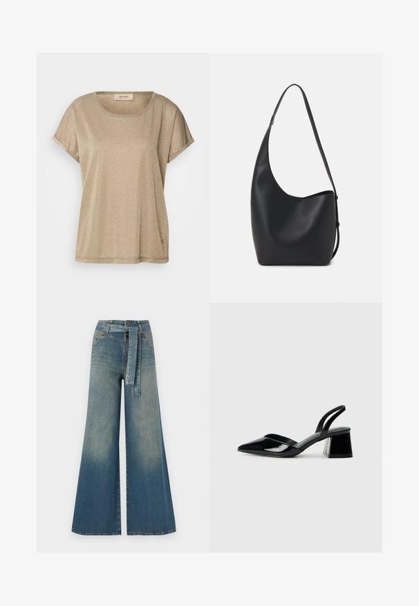 Mos Mosh TEE - T-shirt med print - mermaid; Breda denimbyxor med en ljus till mörkblå gradient, hög midja, bälteshällor och ett matchande tygbälte. Texturerad denimfinish.; Svarta lackläder slingback klackar med spetsig tå och geometrisk klack. Har en elegant, minimalistisk design och slät yta.; Svart läder hobo-väska med en slät textur, kurvig form och en justerbar axelrem; har en bred öppning upptill.