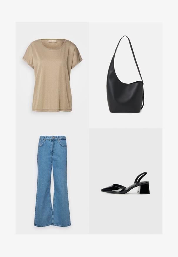 Mos Mosh TEE - Potiskana majica - mermaid; Svetlo modri razširjeni džins hlače iz denima, z visokim pasom, petimi žepi in enim gumbom za zapiranje. Mehka tekstura z blagim zbledelim videzom.; Črne lakirane slingback pete s koničastim nosom in geometrijsko blokasto peto. Imajo eleganten, minimalističen dizajn in gladko teksturo.; Črna usnjena hobo torba z gladko teksturo, ukrivljeno obliko in eno nastavljivo naramnico; ima širok odprtina na vrhu.