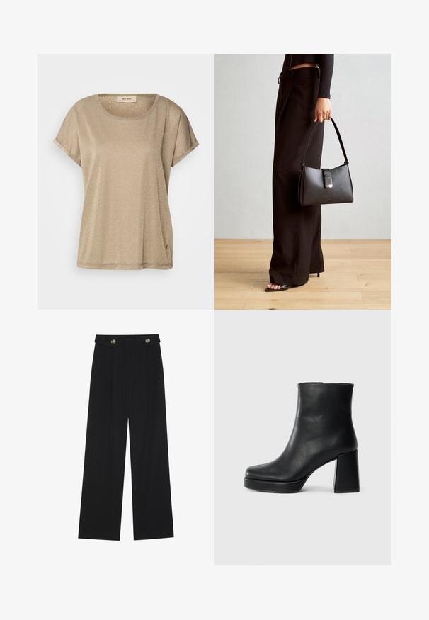 Mos Mosh TEE - Apdrukāts T-krekls - mermaid; Melnas platās bikses ar augstu jostasvietu, pogu detaļām uz jostas un priekšējām krokām.; Melna ādas potīšu zābaku ar bloku papēdi un platformas zoli, skatīts no sāna uz vienkārša balta fona.; Melnā somiņa ar strukturētu formu, gludu tekstūru un metālu sprādzi. Saskaņota ar platām melnām biksēm un sandālēm ar atvērtu purngalu uz koka grīdas.