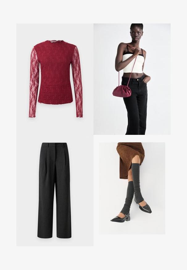 Pitkähihaine burgundinvärinen pitsipusero, jossa on läpinäkyvät hihat, kukkakuvio ja pyöreä kaula-aukko yksinkertaisella taustalla.; Mustat leveälahkeiset housut, jotka on valmistettu teksturoidusta kankaasta, etupleiteillä ja räätälöidyllä vyötäröllä, suunniteltu löysäksi istuvuudeksi.; Musta lakattu nahkakengät teräväkärkisillä, leveällä kantapäällä ja nilkkahihnalla, yhdistettynä harmaisiin ribattuihin säärystimiin ja ruskeaan mokkasiinimekkoon.; Burgundi pehmeast kangast käekott, millel on kortsuline disain ja pikk rihm, kantud üle rinna. Modell kannab valget lühikest toppi ja musti teksaseid.