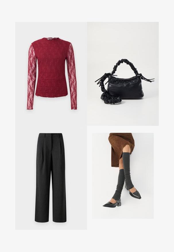 Blusa de renda burgundy de mangas longas com mangas transparentes, padrão floral e decote redondo em fundo liso.; Calças largas pretas feitas de tecido texturizado, com pregas frontais e cintura ajustada, projetadas para um ajuste solto.; Sapatos pretos de pele lacada com biqueira pontuda, salto bloco e tiras no tornozelo, combinados com caneleiras cinzas em malha e uma saia de camurça castanha.; Bolsa de mão em couro sintético preto com textura de crocodilo, topo franzido e alça enrugada. Apresenta um design suave e compacto.