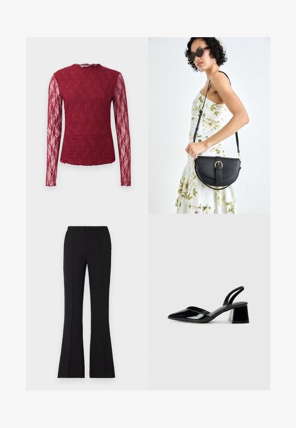 Ilga rankovė burgundiškos spalvos nėriniuotė viršutinė su permatomomis rankovėmis, gėlių raštu ir apvaliu iškirpimu ant vienodo fono.; Juodos plačių kojų kelnės iš lygaus audinio, su prigludusia talija, priekinėmis siūlėmis ir lengvu išsiplėtimu nuo kelio.; Juodos lakuotos odinės šlepetės su smailiu pirštu ir geometriniu bloko kulnu. Turi elegantišką, minimalistinį dizainą ir lygų paviršių.; Juodas odinis krepšys su išlenkta forma, nuimamu dirželiu ir auksiniais detalėmis. Krepšys turi kilpą su sagtimi.
