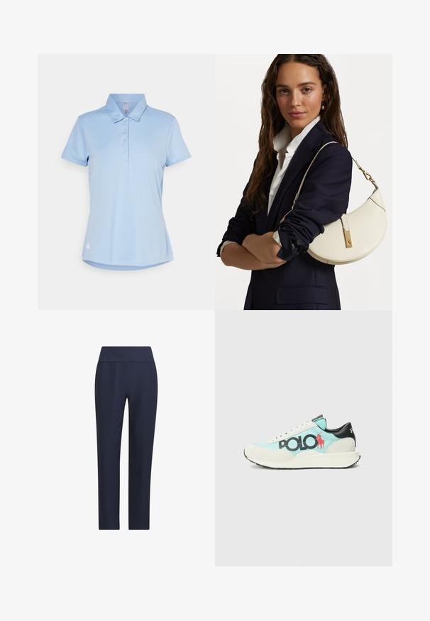Hele sinine polo-särk, millel on krae, lühikesed varrukad, viie nupuga nööbiliist ja väike valge logo vasakul küljel. Silene, veniv kangas.; Tumedatesin spordipüksid, mis on valmistatud siledast venivast kangast. Omavad laia vöökohta ja kitsenevat säärte disaini. Ilma mustrite ja kaunistusteta.; Sneaker, mille heles sinise keha, valgetest nahkaktsentidest, mustast kontsast ning silmapaistvast mustast "POLO" logo, millel on punane ratsaniku siluett.; Valge nahast käekott kumerate kujunditega, kuldsete detailide ja tekstuuriga viimistlusega, kanda tumesinise bleiseri ja valge särgiga.