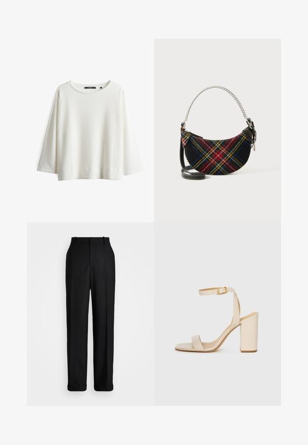 Weißes geripptes Oberteil mit rundem Ausschnitt, weiten Ärmeln und einer lockeren Passform. Hergestellt aus strukturiertem Material mit dezenten horizontalen Linien.; Polo Ralph Lauren HIGH RISE RELAXED STRAIGHT TROUSER - Stoffhose - black; Beige High Heel Sandale mit quadratischer Zehenform, dünnem Knöchelriemen und Blockabsatz. Glatte Lederstruktur mit goldener Schnallendetail.; Handtasche aus einem Wollgemisch im Karomuster, mit einer Halbmondform, silbernem Kettenhenkel und einem abnehmbaren schwarzen Ledertrageriemen.