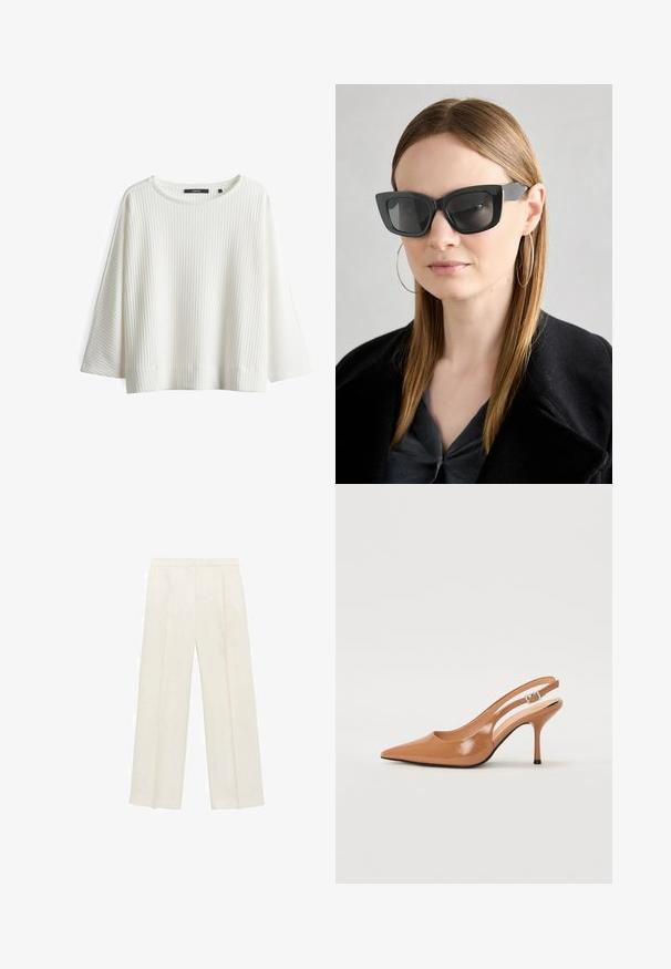 Weißes geripptes Oberteil mit rundem Ausschnitt, weiten Ärmeln und einer lockeren Passform. Hergestellt aus strukturiertem Material mit dezenten horizontalen Linien.; Weit geschnittene Hosen in einem hellen cremefarbenen Farbton. Hergestellt aus einem glatten Stoff mit Falten an der Vorderseite und seitlichen Taschen.; Spitz zulaufender Slingback-Absatz aus einem glatten, glänzenden, tanfarbenen Material. Mit einem geschwungenen Ausschnitt-Design und einem schlanken Stiletto-Absatz. Silberne Schnallendetails.; Schwarze Katzenaugen-Sonnenbrille mit dunklen Gläsern, dicken Rahmen und subtilen Akzenten. Getragen mit einem schwarzen Mantel und einem grauen Oberteil, dazu lange, glatte Haare.