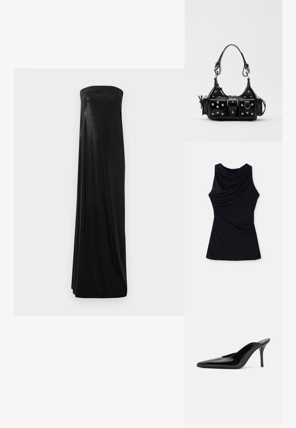 Top nero senza maniche con scollo drappeggiato e tessuto morbido e elasticizzato, dalla vestibilità fluida. Design semplice senza ulteriori motivi o accenti.; Abito maxi nero senza maniche realizzato in tessuto liscio e lucido. Presenta un corpetto aderente e una silhouette fluida, che arriva fino al pavimento senza decorazioni.; Mule in pelle patinata nera con tacco alto, punta affilata e silhouette elegante, dotato di apertura sul dietro e tacco a stiletto sottile.; Borsa a mano in pelle nera con design curvo, caratterizzata da borchie argentate, una fibbia e due tasche laterali. Tracolla regolabile per diverse opzioni di trasporto.