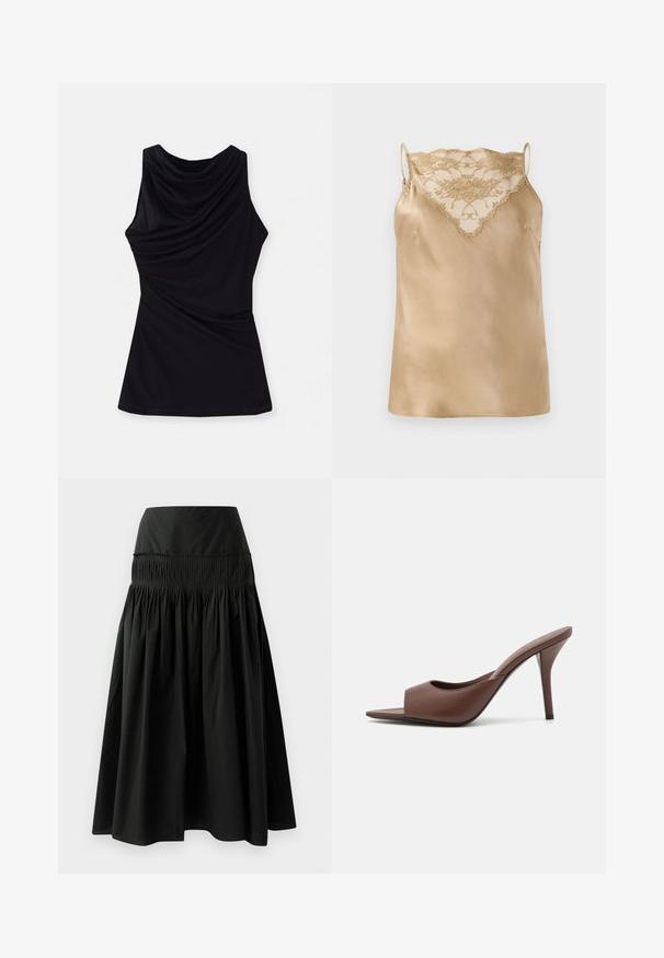 Haut sans manches noir avec un décolleté drapé et un tissu doux et élastique offrant une coupe fluide. Design simple sans motifs ni accents supplémentaires.; Camisole en satin beige avec des détails en dentelle au niveau du col, dotée de fines bretelles réglables et d'une texture lisse et brillante.; Jupe noire longueur genou en tissu lisse, avec une taille ajustée et un design noué pour plus de volume.; Mules à talons hauts ouverts en cuir marron avec un design épuré, dotés d'une large sangle avant et d'un talon aiguille élancé.