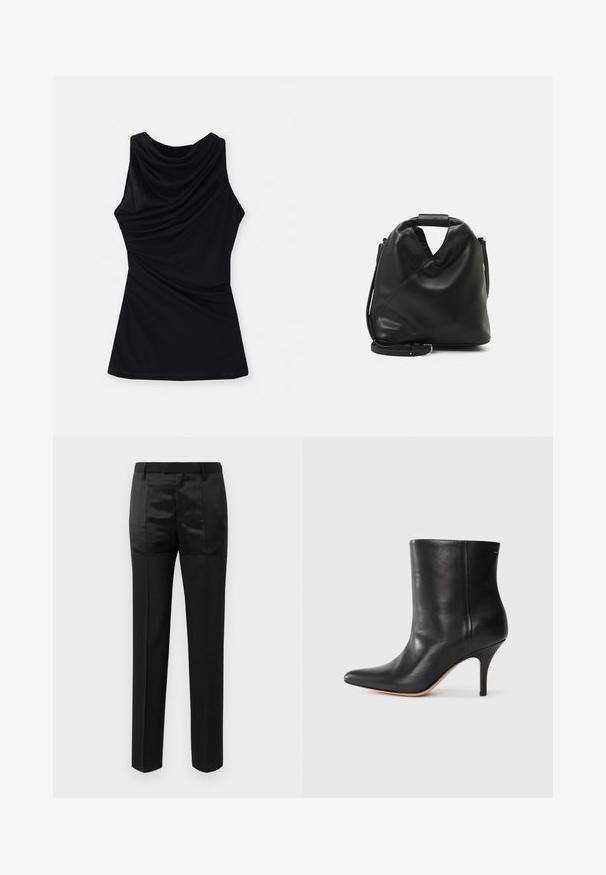 Schwarzes ärmelloses Oberteil mit einem drapierten Ausschnitt und weichem, dehnbarem Stoff für eine fließende Passform. Einfaches Design ohne zusätzliche Muster oder Akzente.; Schwarze maßgeschneiderte Hosen mit geraden Beinen und einem Bund mit Gürtelschlaufen, ausgestattet mit einer Mischung aus matten und glänzenden Stoffpaneelen.; Schwarze Leder-Ankle Boots mit spitzem Zeh, schlankem Stiletto-Absatz und glatter Textur. Minimalistisches Design ohne sichtbare Beschläge oder Akzente.; Schwarze, weiche Ledertasche mit einem einzigartigen verdrehten Design. Hat einen kurzen Griff und einen abnehmbaren Schultergurt. Minimalistischer Stil.