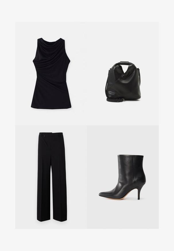 Juodas be rankovių marškinėlis su drapiruotu iškirpimu ir minkšta, elastinga medžiaga, užtikrinančia laisvą prigludimą. Paprastas dizainas be papildomų raštų ar akcentų.; Juodos plačios kojos kelnės su lygiu priekiu, mygtukų uždarymu ir lygiu audinio paviršiumi. Sukurtos su tiesiu kirpimu ir aštriomis linijomis.; Juodos odinės kulkšninių botų su smailiu nosiu, siauru stiletto kulnu ir lygia tekstūra. Minimalistinis dizainas, be matomų aparatūros ar akcentų.; Juodas, minkštas odinis krepšys su unikaliu išsuktiniu dizainu. Yra trumpas rankenas ir nuimamas peties diržas. Minimalistinis stilius.