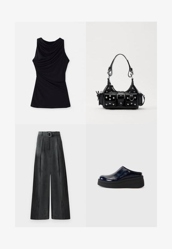 Melnā bezpiedurkņu topa ar drapētu dekoltē un mīkstu, elastīgu audumu, kas nodrošina plūstošu fitu. Vienkāršs dizains bez papildus rakstiem vai akcents.; Platas kājas bikses tumši pelēkā krāsā ar gludu tekstūru, krokām un jostu ar sudraba sprādzi augstajā viduklī.; Tumši zila lakota āda ar gludu apdari, piedāvā biezus melnus platformas sole ar redzamām šuvēm apakšā.; Melnas ādas rokturmais ar izliekumu, ar sudraba iedurtiem, sprādzi un divām sānu kabatām. Regulējams siksniņas garums dažādām nēsāšanas iespējām.