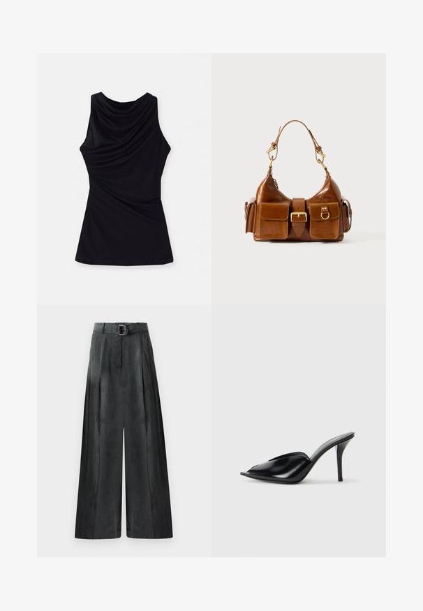 Musta ilmavarrukatega topp, millel on volditud kaelus ja pehme, veniv kangas, mis istub vabalt. Lihtne disain, ilma lisamustrite või aksessuaarideta.; Tumed hallid laiad püksid, mis on sileda tekstuuriga, voltidega ja kõrge vöökoht, millel on hõbedane pandla.; Mustad nahast kõrge kontsaga mulad avatud varbaga, terava disainiga, siledapinnalised ja kitsaste stilettokontsadega.; Pruun nahast käekott, millel on kõver kuju, kahekordne kullatooniline riistvara, kaks esitaskut ja lai rihm. Sile tekstuur ja läikiv viimistlus.