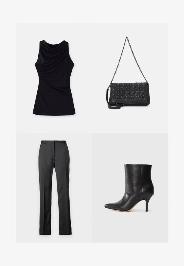 Top negro sin mangas con escote drapeado y tejido suave y elástico que se ajusta fluidamente. Diseño simple sin patrones ni acentos adicionales.; Pantalones de traje negros a medida, confeccionados con una tela suave. Presentan un diseño de pierna recta, con frente plano y un sutil detalle de pliegue.; Botín de cuero negro con punta afilada, tacón de aguja delgado y textura lisa. Diseño minimalista sin hardware o acentos visibles.; Bolso de piel acolchada negra con una correa de cadena, que presenta adornos de calaveras y un cierre de cremallera. Superficie texturizada con un acabado brillante.