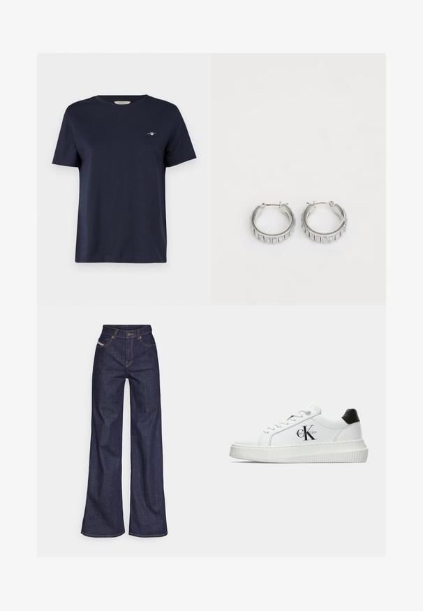 Marineblaue Baumwoll-T-Shirt mit kurzen Ärmeln, rundem Halsausschnitt, mit einem kleinen gestickten Logo auf der linken Brust. Glatte Textur.; Dunkelblaue weite Jeans aus Denimstoff mit hoher Taille, ausgestattet mit orangefarbenen Nähten, fünf Taschen und einem Knopfverschluss.; Weiße Low-Top-Sneaker mit schwarzem Fersenpatch, Plateau-Sohle, Schnürsenkeln und Calvin Klein "CK"-Logo an der Seite.; Silberne Creolen mit texturiertem Design und vertikalen Rillen. Kreisförmige Form mit sicherem Verschluss. Glatte Oberfläche.