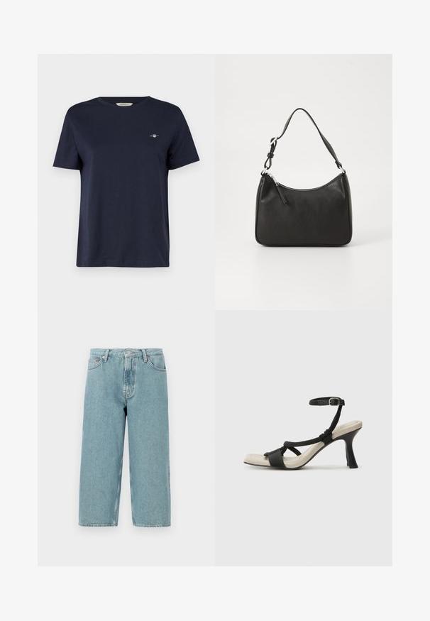 Navy blue cotton T-shirt with short sleeves, round neckline, featuring a small embroidered logo on the left chest. Smooth texture.; Light blue denim shorts with a high waist, straight cut, and raw hem. Features a classic button and zipper closure, four pockets.; Black heeled sandal with braided strap design, square toe, and adjustable ankle strap. Light beige footbed with a glossy black heel.; Black leather handbag with a curved shape, a single strap, zip closure, and subtle branding on the front. Smooth texture, minimalist design.