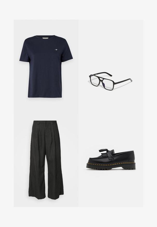 Tamsiai mėlyna medvilninė trumpomis rankovėmis marškinėliai su apvaliu kaklu, su mažomis siuvinėtomis logotipu ant kairiojo krūtinės. Lygus paviršius.; Juodos dryžuotos plačios kojos kelnės su klostėmis, turinčios pritaikytą dizainą ir minkštą tekstūrą. Nėra matomų metalinių detalių ar akcentų.; Juodas odinis loaferis su kutais, turintis masyvų juodą pado ir geltonus siūlus palei kraštą. Textūruota danga.; Juodo stačiakampio formos akinius su skaidriais lęšiais ir subtiliu purpuriniu tonu, turinčius elegantiškas rankenas ir minimalistinį dizainą.