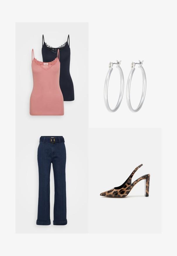 Duos marškinėlių be rankovių: rožinė ir tamsiai mėlyna, su nėriniu apipintu iškirpimu. Audinys glotnus ir elastingas, su reguliuojamomis petnešomis.; Tamsiai mėlynus džinsinius kelnius su plačia koja dizainu, užsegamu diržu su dideliu metaliniu sagtimi ir matomais siuvinėjimo akcentais.; Leopardų rašto slingback aukštakulniai su smailiu priekiu ir skaidriu blokuotu kulnu. Pagaminti iš blizgaus medžiagos su glotnia tekstūra.; Sidabriniai auskarai su sklandžiu, poliruotu paviršiumi. Apvalios formos ir saugus uždarymo mechanizmas. Lengvas dizainas, tinkantis kasdieniam dėvėjimui.