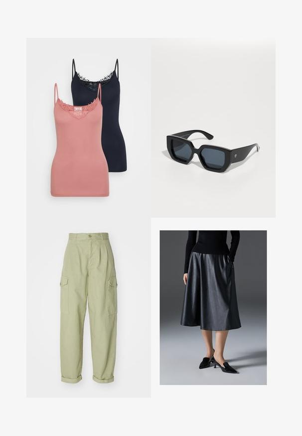 Dva topa bez rukava u ružičastoj i mornarsko plavoj boji, s čipkastim obrubom uz izrez. Tkanina je glatka i rastezljiva, s podesivim trakama.; Svijetlozelene cargo hlače od pamučne tkanine. Imaju visok struk, uvijene manžete i dva bočna cargo džepa za dodatnu praktičnost.; Crna kožna midi suknja s glatkom teksturom; sadrži pojas i bočne džepove. Uparena s sjajnim crnim cipelama s visokom petom.; Crne prevelike sunčane naočale s geometrijskim dizajnom, pravokutnim lećama i sjajnom završnom obradom. Nema vidljivog brendiranja sprijeda.; Srebrne kružne naušnice s glatkom, poliranom površinom. Okrugli oblik i sigurno kopčanje na klik. Lagani dizajn pogodan za svakodnevno nošenje.
