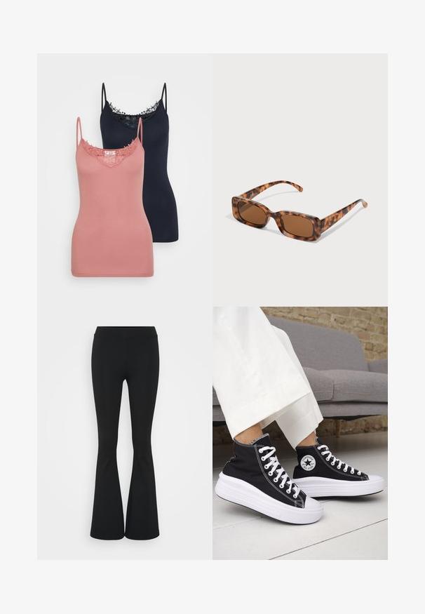 Dvě tílka v růžové a námořnické barvě, přičemž mají krajkovou aplikaci podél výstřihu. Materiál je hladký a pružný, s nastavitelnými ramínky.; Černé zvonové kalhoty vyrobené z elastického materiálu, s vysokým pasem a hladkou texturou. Kalhoty se rozšiřují od kolene.; Černé vysoké tenisky s bílými gumovými podrážkami a tkaničkami. Mají kulatou nášivku s logem a kontrastní bílé prošití. Materiál plátno.; Kočičí brýle se želvovinovým vzorem, obdélníkové hnědé čočky, silný rám a úzké nožičky s různými odstíny hnědé.