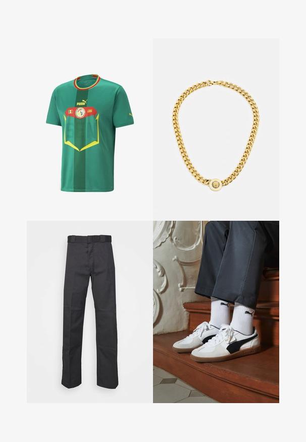 Zöld, rövid ujjú futballsapka, lélegző anyagból készült. Vízszintes csíkokkal, feltűnő grafikával, Puma logóval és országos emblémával rendelkezik.; Fekete nadrág tartós anyagból, egyenes szárú kivitelben, övhurkokkal ellátott derékkal és további textúrát adó varratokkal.; Fehér és fekete velúr Puma sportcipők, barna gumitalppal. Fehér zoknival párosítva, amely fekete logót visel, sötét nadrággal kombinálva.; Arany lánc nyaklánc nagy, egymásba fonódó gyűrűkkel, középen egy kiemelkedő emblémával ellátott kört alakító medállal.