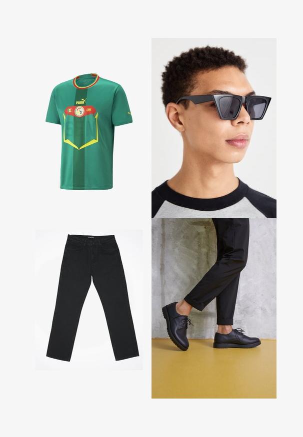 Tricou de fotbal verde cu mâneci scurte, fabricat din material respirabil. Prezentând dungi orizontale, grafice îndrăznețe, logo-ul Puma și emblema națională.; Jeans din denim negru cu un design cu picior drept, cinci buzunare și un talie clasică. Materialul are o textură netedă și detalii minime.; Pantofi din piele neagră, cu șireturi, cu vârf rotund, suprafață texturată și talpă groasă din cauciuc. Purtați cu pantaloni negri răsuciți, pe un fundal de beton.; Ochelari de soare negri, unghiulari, cu lentile închise la culoare, având un design geometric îndrăzneț și o finisare mată. Purtați de o persoană cu păr scurt.