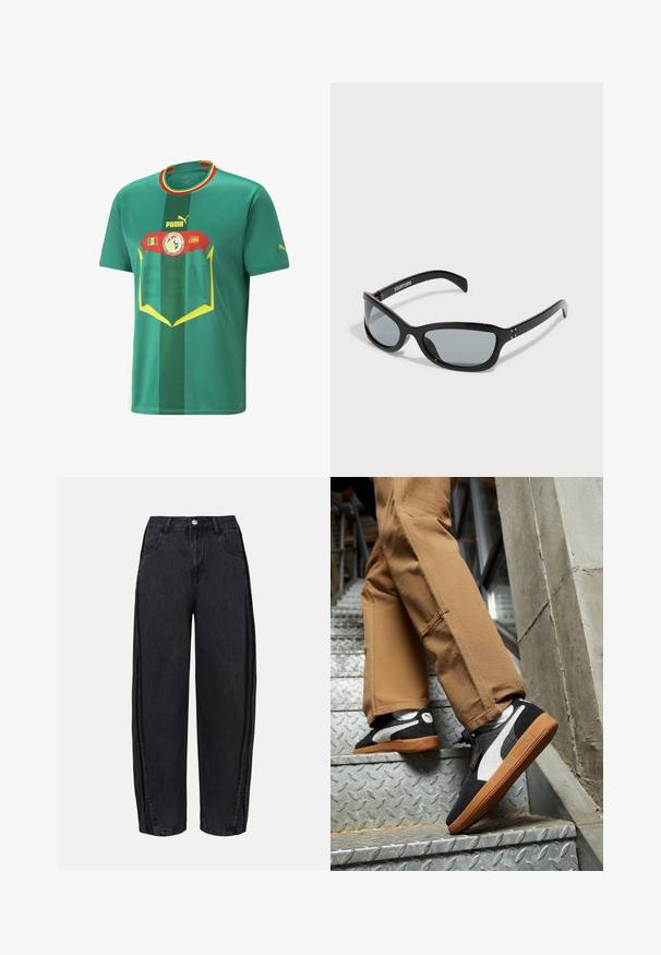 Zelena kratka nogometna majica iz prozračnega materiala. Ima vodoravne črte, drzne grafike, logotip Puma in državni grb.; Črne široke jeans hlače iz denima z gladko teksturo. Imajo visok pas, sprednje žepe in gumbasto zapiranje na pasu.; Črne in sivo semiš superge z belimi detajli in gumijastimi podplati, obute na svetlo rjave hlače med vzpenjanjem po kovinskih stopnicah.; Črne sončna očala s svetlim, angularnim dizajnom. Imajo siva leča in sijoče plastične okvirje. Vključujejo majhne kovinske dodatke in blagovno znamko na ročaju.