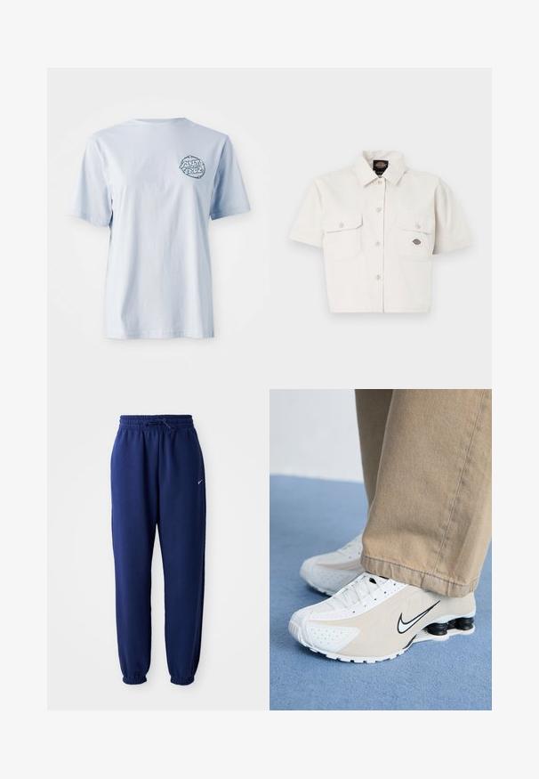 Lyseblå bomull T-skjorte med korte ermer, med et sirkulært grafisk logo i mørk blå på venstre bryst.; Kortermet, kort topp i hvit bomull med to brystlommer, knappestolpe foran og et logo-merke på venstre lomme.; Mørkeblå joggebukser laget av mykt stoff, med elastisk linning med snøring, elastiske mansjetter og en liten hvit logo.; Hvide og beige Nike sneakers med perforeret design, sort swoosh-logo, tekstureret overdel og karakteristisk fjederagtig sort hæl.