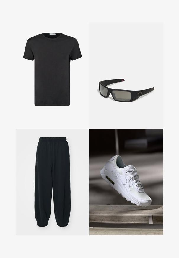 Zwarte katoenen t-shirt met een ronde halslijn en korte mouwen. De stof heeft een gladde textuur en geen patronen of accenten. Regular fit.; Zwarte, elastiche sweatpants met een losse pasvorm, manchetten aan de enkels, een zachte textuur en zonder zichtbare patronen of hardwareaccenten.; Witte Nike Air Max 90 sneaker met een bovenwerk van mesh en leer, een geperforeerde teenbox en een zichtbare luchtunit in de hiel.; Zwarte zonnebril met een matte afwerking, rechthoekige glazen, een lichte kromming op de slapen, subtiele logodetails en rookgetinte glazen.