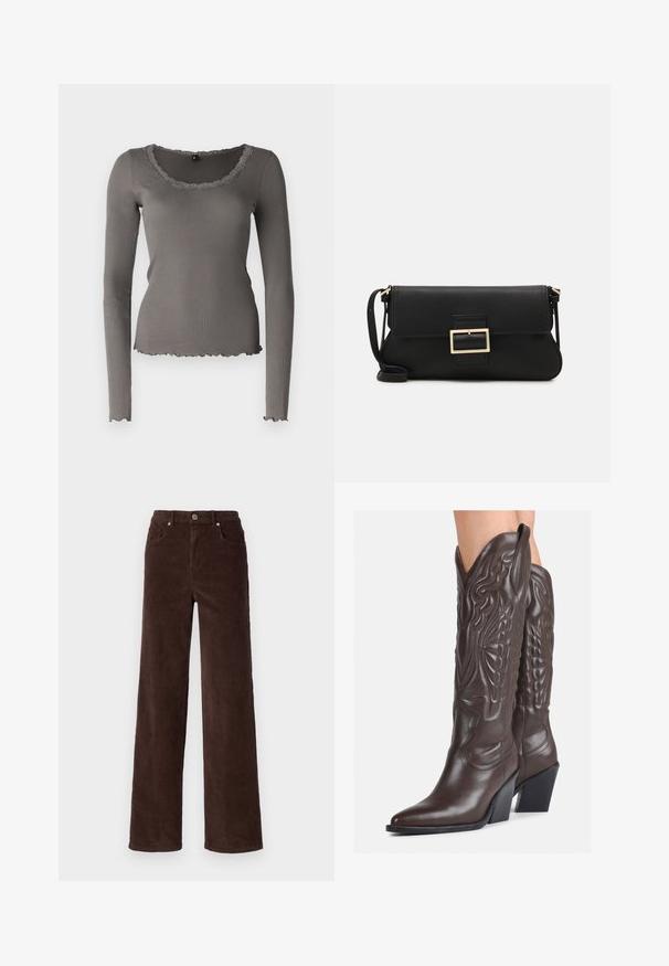 Pelēka garām piedurknēm bluze ar ribotu tekstūru, viļņotu apakšmalu un dekoltē, ar apaļu kakla izgriezumu un pieguļošu siluetu.; Vero Moda VMTESSA WIDE PANTS - Auduma bikses - chocolate torte; Brūni ādas kovboju zābaki ar norādītu purngalu un blokveida papēdi, ar detalizētu šūšanu un paceltiem akcentiem uz kājas daļas.; Melnas ādas saķeres soma ar atloku un zelta metāla sprādzi. Ietver melnu siksnu un elegantu, minimālistisku dizainu.