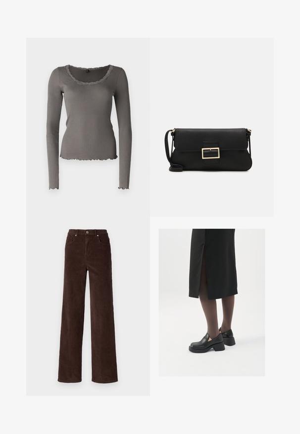 Top gri cu mânecă lungă, cu textură ribbed, tiv și decolteu cu margini ondulate, având o gât rotund și o siluetă ajustată.; Vero Moda VMTESSA WIDE PANTS - Pantaloni - chocolate torte; Pantofi din piele neagră cu vârful rotund, toc bloc gros și accente elastice pe lateral, asortați cu colanți închiși la culoare și o fustă neagră cu o fanta.; Geantă de mână din piele neagră, cu clapetă și un detaliu din metal auriu. Include o curea neagră și un design elegant, minimalist.