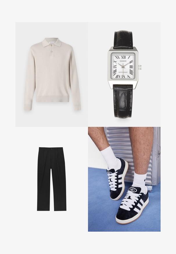 Vaaleanbeige pitkähihaisia polo-paita, joka on valmistettu pehmeästä materiaalista. Siinä on kaulus, kolmesta napista koostuva napitus sekä ribbireunat hihansuissa ja helmassa.; Mustat housut suoranlahkeisella muotoilulla, valmistettu sileästä kankaasta. Ominaisuuksiin kuuluu etupleateet ja yksi nappikiinnitys vyötäröllä.; Mustat mokkasneakersit, joissa on valkoiset nauhat ja kolme valkoista raitaa. Kengissä on ympyrän muotoinen musta logo kielen päällä ja kuminen pohja.; Harmaa neliön muotoinen kello, jossa on valkoinen kellotaulu, mustat roomalaiset numerot ja teksti "VEDENKESTÄVÄ". Musta nahkaranneke, jossa on teksturoitu pinta.
