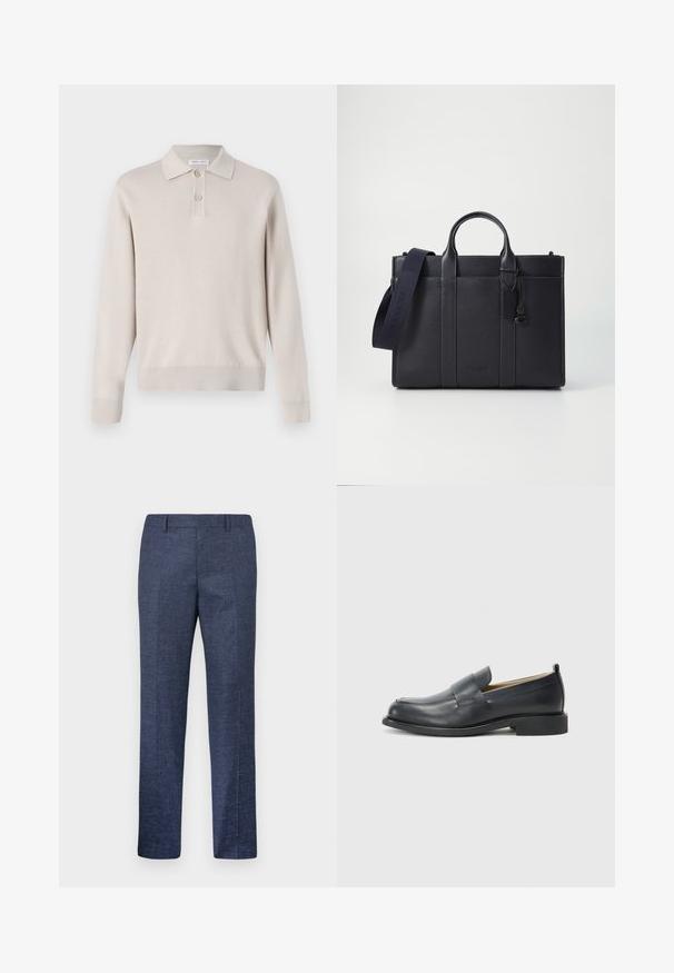 Světle béžová polokošile s dlouhým rukávem vyrobená z měkkého materiálu. Má límec, tříknoflíkovou légu a žebrované manžety a lem.; Námořnické modré kalhoty vyrobené z texturované tkaniny, s rovnými nohavicemi, plochým předním dílem a dvěma bočními kapsami. Žádné viditelné vzory ani akcenty.; Černé kožené mokasíny s hladkým povrchem, plochou podrážkou a zaoblenou špičkou, zdobené páskem přes svršek.; Tmavě námořnická kožená aktovka s dvojitými horními rukojeťmi a odnímatelným popruhem. Má texturovaný povrch, vertikální švy a detail s logem.