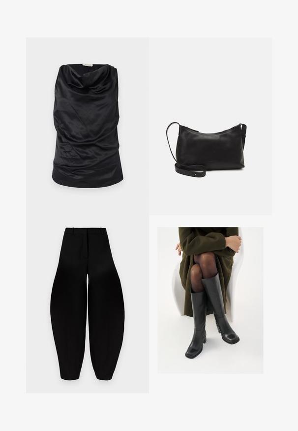 Svart genser med cowl neck laget av glatt stoff, med drapert design, myk tekstur og en tettsittende silhuett. Sømløs finish langs kanten.; Sorte vide benbukser med høy midje, plisserte foran og smale ankler. Laget av glatt stoff med matt finish.; Knæhøye sorte lærstøvler med firkantet tå og blokkhelt, vist med en modell som sitter iført en olivengrønn kåpe. Glatt tekstur, minimal detaljering.; Svart skinn skulderveske med glatt tekstur, buet form, justerbar stropp og glidelås. Minimalistisk design uten dekorasjoner.