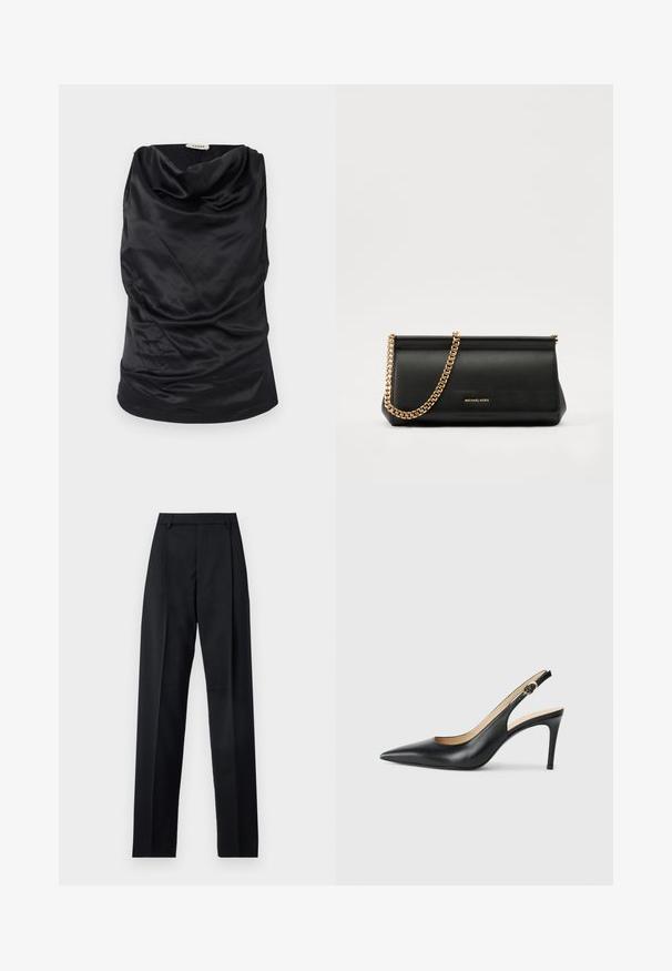 Črn top z ovratnikom iz gladkega blaga, ki se ponaša z drapirano zasnovo, mehko teksturo in oprijetim silhueto. Brezšiven zaključek po robu.; Črne hlače iz gladkega materiala, ki imajo visok pas, široke noge, sprednje nabore in klasične zanke za pas. Nevidni stranski žepi.; Črne usnjene petke s slingback obliko, ostro konico, nastavljivim trakom in elegantnim stiletto peto, s gladko obdelavo.; Črna usnjena torbica z zlatim verižnim trakom, z gladko teksturo, pravokotno obliko in embosiranim logotipom spredaj.