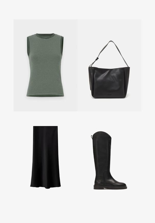 Sleeveless top in muted green, featuring horizontal stripes, ribbed texture, and a crew neckline with contrasting armhole trims.; Black midi skirt made of smooth, lightweight fabric. Features a straight cut, no visible hardware, and a simple design without patterns.; Black leather knee-high boot with a smooth finish, rounded top, sturdy sole, and minimalistic design. Features a tab at the back for easy wear.; Calvin Klein GRACIE MEDIUM - Handbag - black