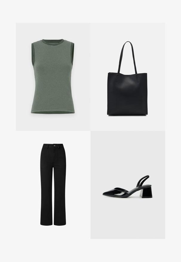 Sleeveless top in muted green, featuring horizontal stripes, ribbed texture, and a crew neckline with contrasting armhole trims.; Black, high-waisted trousers with a straight leg design, made from smooth cotton fabric. Features front pockets and a simple metal button closure.; Black patent leather slingback heels with a pointed toe and a geometric block heel. Features a sleek, minimal design and smooth texture.; Black leather tote bag with smooth texture, rectangular shape, and two long handles. No visible hardware or embellishments.