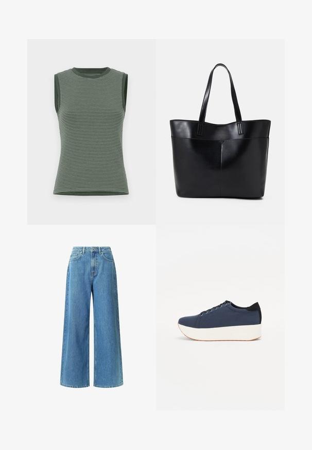 Sleeveless top in muted green, featuring horizontal stripes, ribbed texture, and a crew neckline with contrasting armhole trims.; Wide-leg jeans made of light blue denim, featuring a high waist, two front pockets, belt loops, and a subtle textured pattern.; Navy blue sneaker with a textured fabric upper, white platform sole, rounded toe, and black heel accent. Features six eyelets for laces.; Black leather tote bag with two long handles, a smooth texture, and a structured shape. Features a front pocket for additional storage.