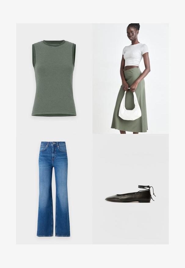Ærmeløs top i dæmpet grøn med vandrette striber, ribbet tekstur og en rund halsudskæring med kontrasterende udskæringer ved armhulerne.; Bredde ben blå denim jeans med høj talje, der har lynlås, knaplukning og diskrete falmninger langs benene.; Sorte læder ballerinaer med spids tå, ankelbinding og flad sål, der har en glat tekstur og minimalistisk design.; Grå ribbet crop top og olivengrøn højhøjdet nederdel. Modellen holder en hvid skuldertaske med udskæringsdetaljer. Enkel design, tætsiddende silhuet.